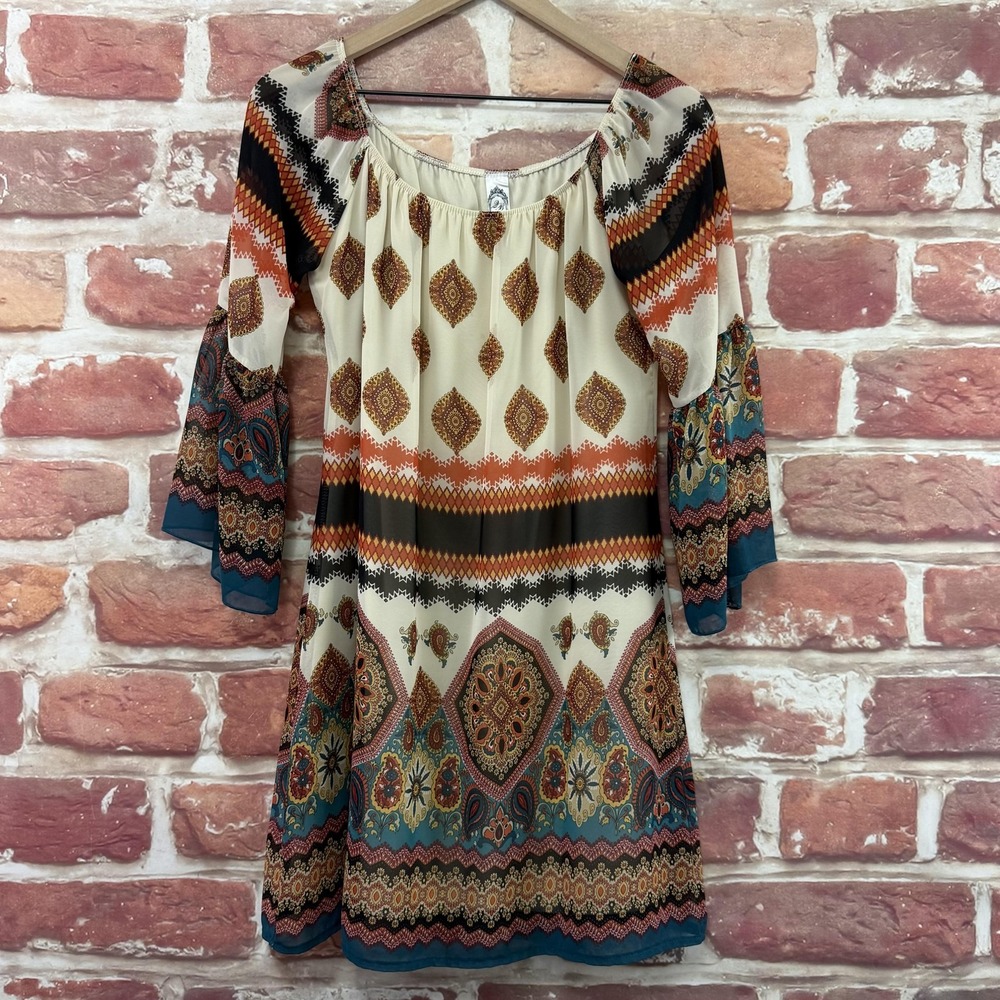 2B Together Dress Women's Small Multicolor Boho Floral Peasant Bell Sleeves